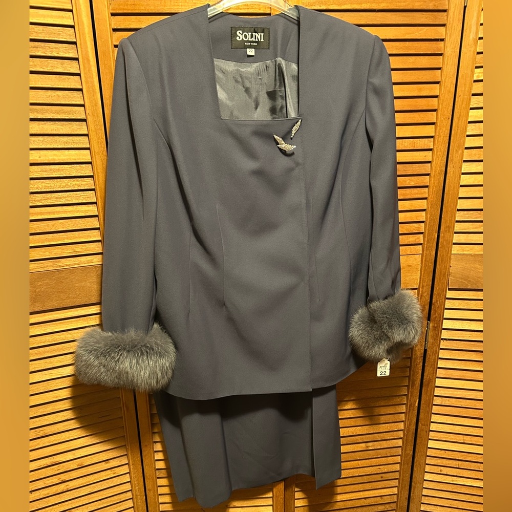 Solini New York Charcoal Skirt Suit with Removable Faux Fur Cuffs